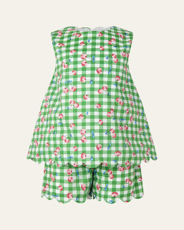Girl's Gingham Cherry-Print Scalloped Top & Short Set, Size 2-